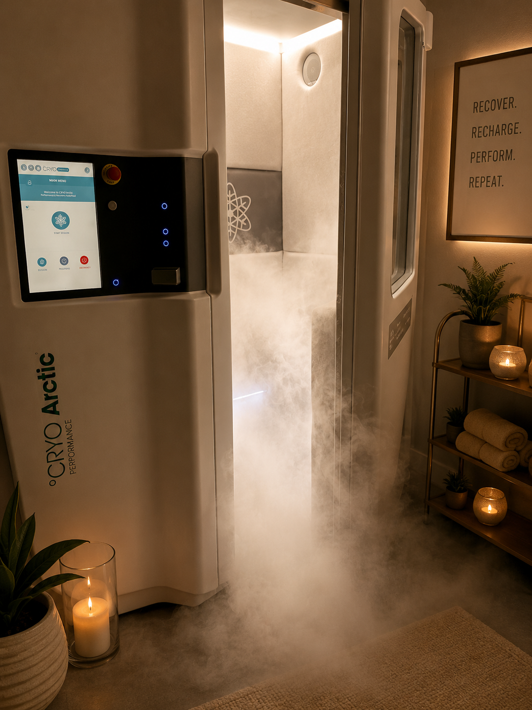 Client inside whole body cryotherapy chamber at HackHaus LA