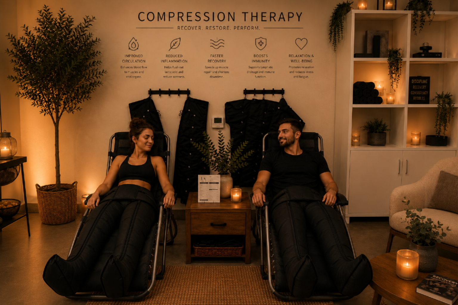 Compression therapy treatment room at HackHaus LA — two reclined chairs with pneumatic compression suits