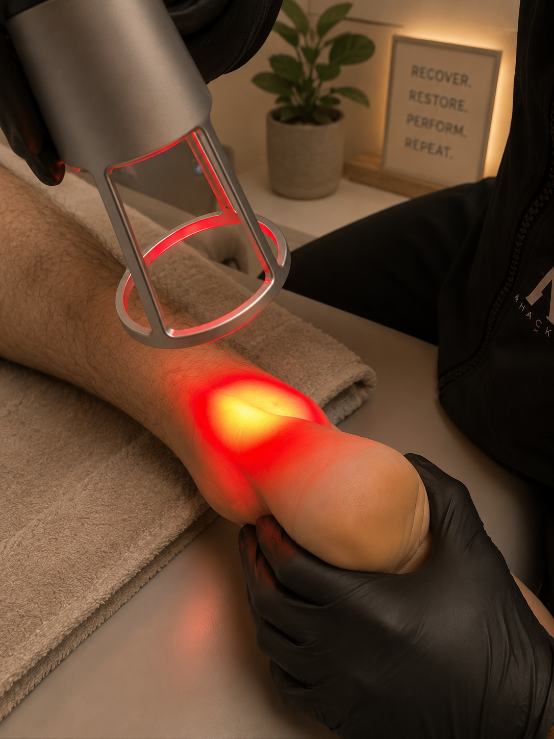 High powered laser therapy applied to knee and ankle area