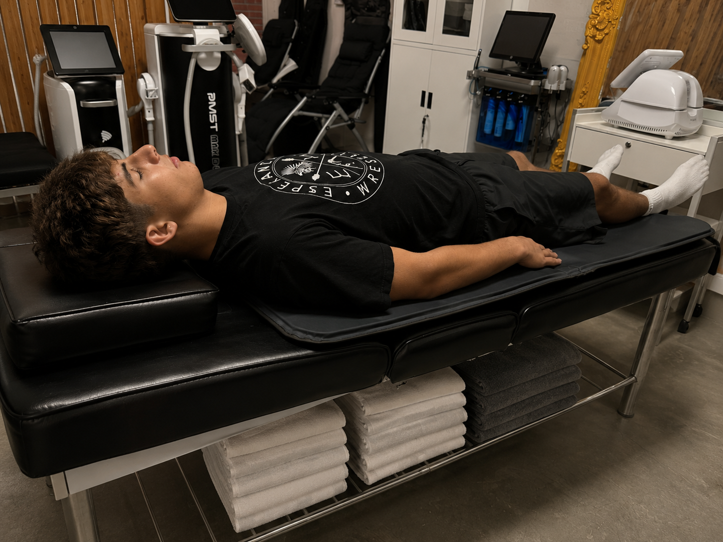Client relaxing during PEMF session with PMST equipment visible