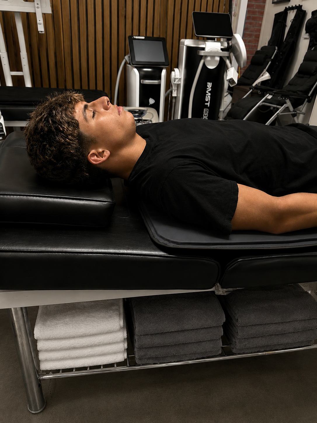 Client lying on PEMF therapy table in HackHaus LA treatment room