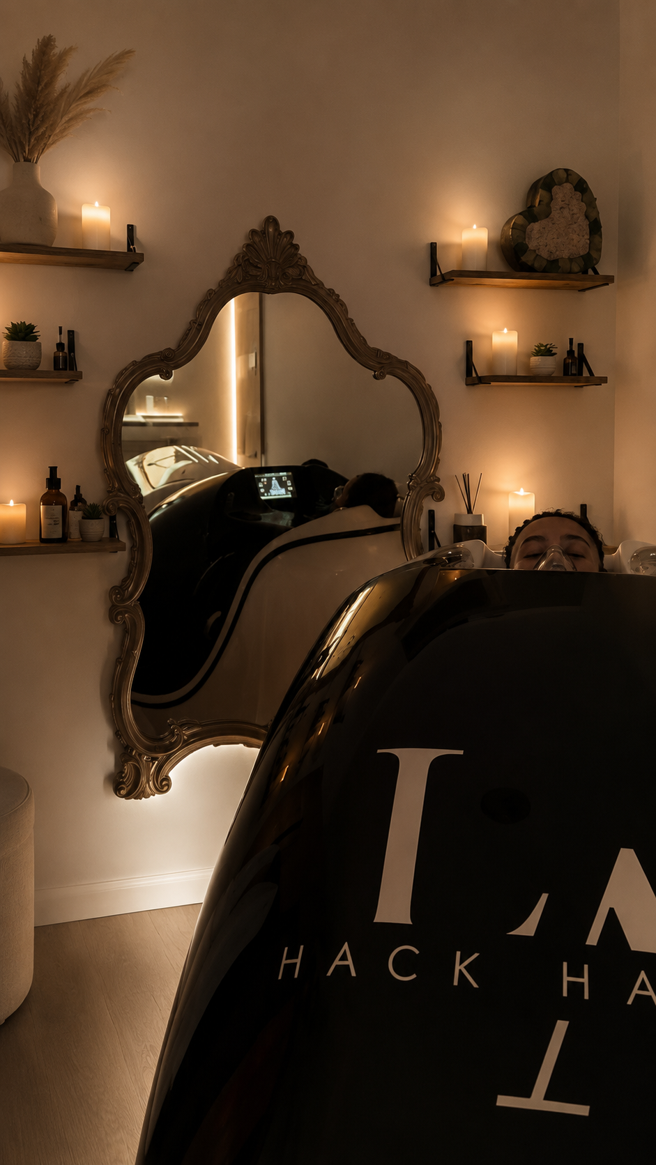 Client inside the SuperHuman Pod at HackHaus LA — luxury wellness space with ambient candlelight and ornate mirror